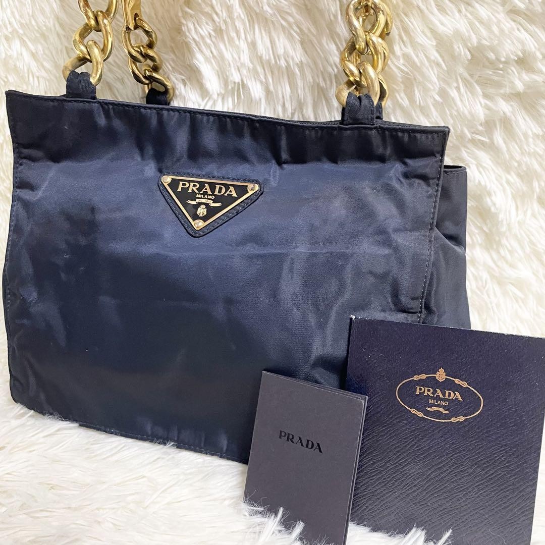 Rare PRADA Navy Tote Bag with Metal Handle and Triangle Logo