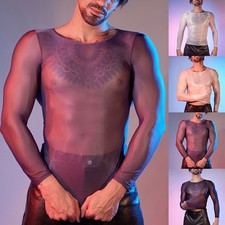 Lencería sexy de manga larga para hombre Top cuello en O camisas ajustadas transparentes al aceite brillante