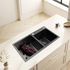Double-Bowl Kitchen Sink, Multifunctional Overmount Stainless Steel Sink, Black