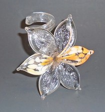 NEW 100% GENUINE MURANO CLEAR+ORANGE+GLITTER 6-PETAL ART GLASS FLOWER VASE-ITALY