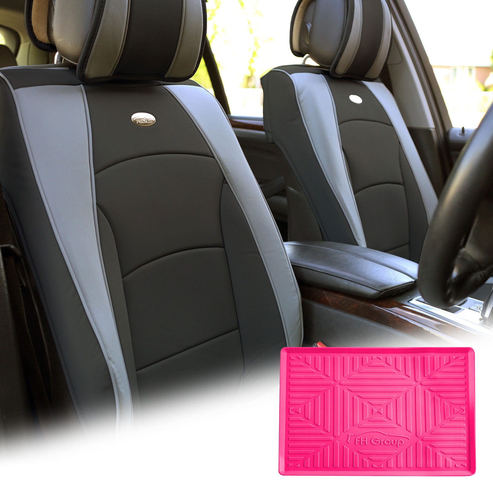 Car Leatherette Seat Cushion Covers Front Bucket Gray w/ Dash Mat For Sedan