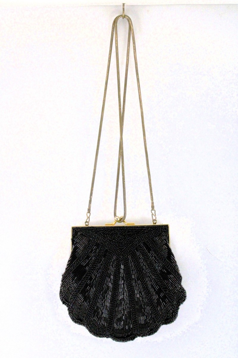 Carla Marchi Beaded Scallop Shell Black Evening Bag Clutch or
