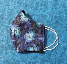 Washable Handmade Fabric Face Mask filter pocket BLUE FEATHERS METALLIC GOLD