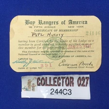Boy Scout 1931 Boy Rangers Of America Certificate Of Membership Card 244C3