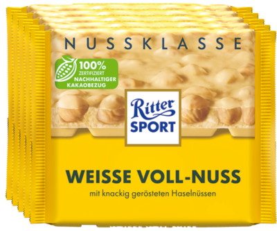 Ritter Sport Weisse Voll-Nuss - Weiße Schokolade Haselnüsse Vollnuss - 5 Tafeln