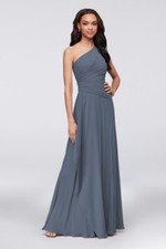 David's Bridal One-Shoulder Georgette Cascade Bridesmaid Dress Steel Blue Sz. 2