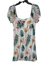 Guess Kylee Smocked Mini Dress Size Large Short Sleeve White Green Boho Tropical