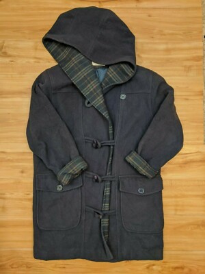 Forecaster of Boston Vintage Navy Blue Plaid Wool Coat W/ Hood