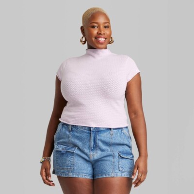 NWT Short Sleeve Mock Turtleneck Pointelle Pullover Sweater Wild