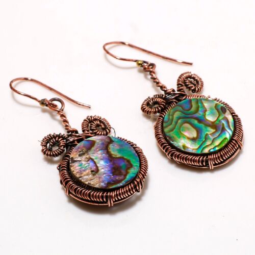 Abalone Shell Gemstone Handmade Wire Wrap Copper Jewelry Earrings 2.5" SR 111 - Afbeelding 1 van 6