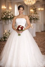 Strapless Wedding Dress Ball Gown White Lace Beaded Bridal Gown Train Size SM