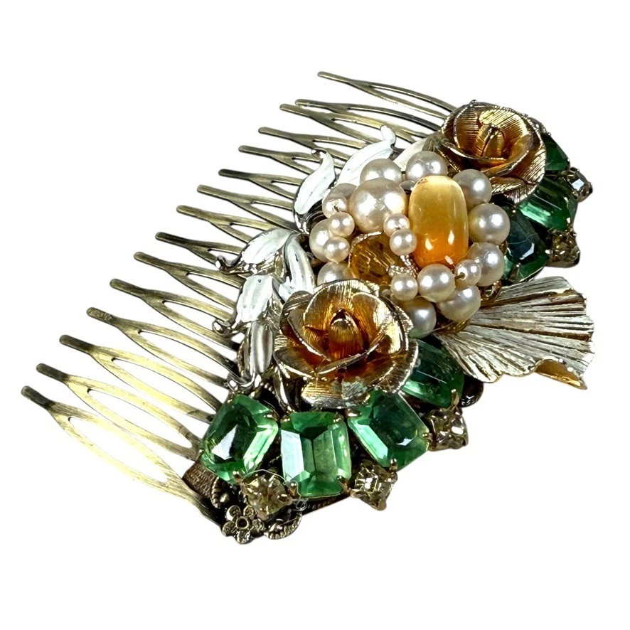 Peine para el cabello de novia cristal verde accesorio de boda floral joyería vintage pieza para el cabello Foto 3 de 4