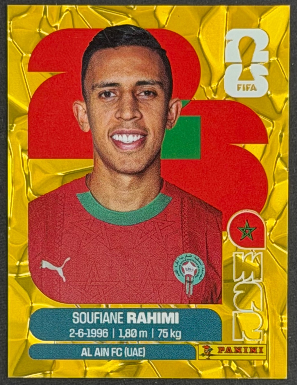2026 Fifa World Cup Panini Sticker Gold Crumple MAR 18 Soufiane Rahimi - Morocco