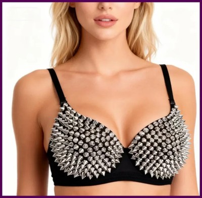 Silver Rivets Punk Rave Bralette Lingerie Gothic Bra Top Sexy Push Up Brassiere