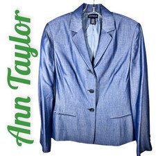 ANN TAYLOR BLUE SATEEN 3-BUTTON WOOL BLEND BLAZER, SIZE 8