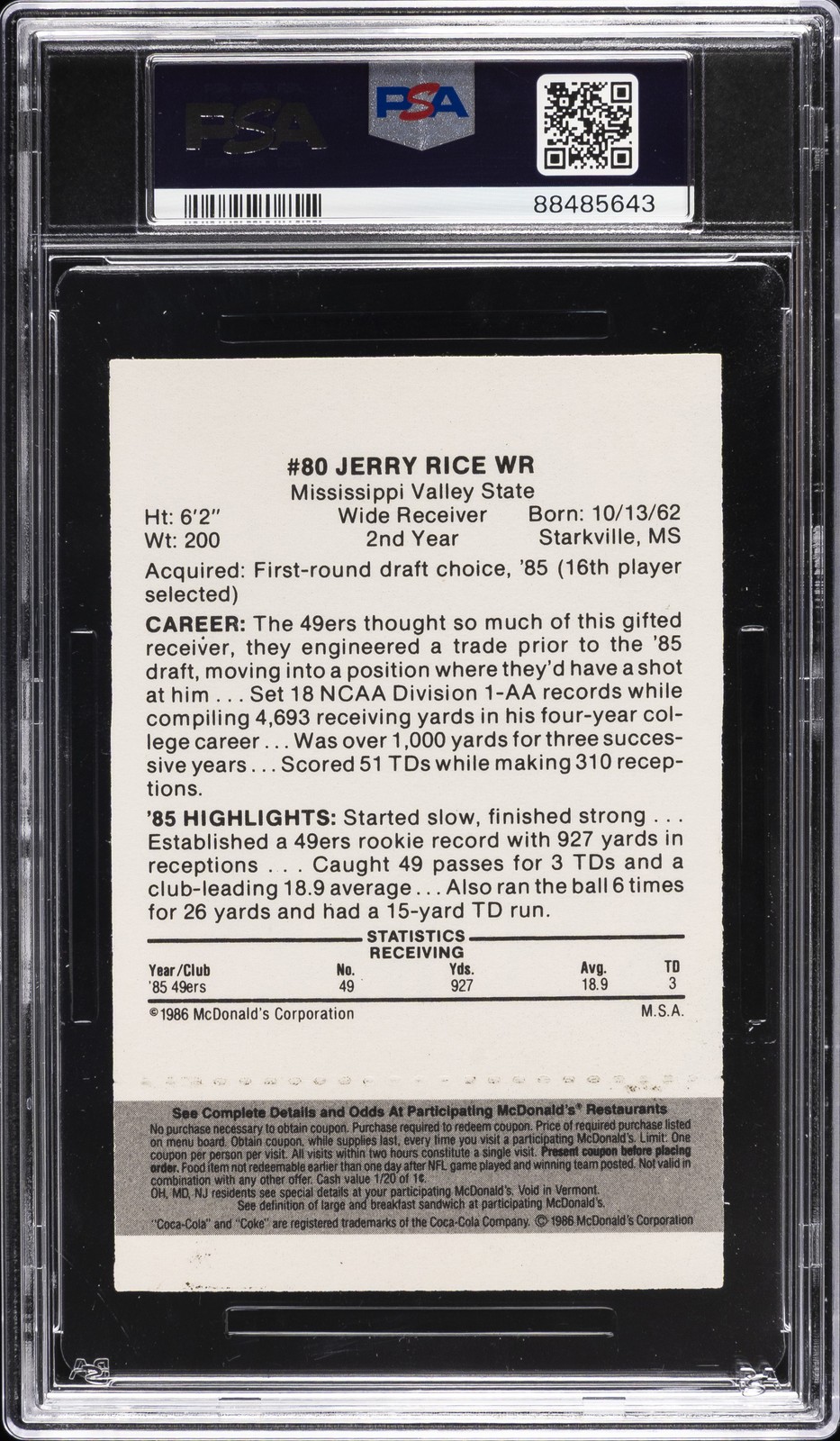 1986 MCDONALD'S 49ERS BLACK #80 JERRY RICE PSA 9 view 2