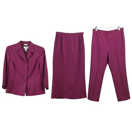 Talbots Petites 3 Piece Fuchsia Embroidered Silk Suit Blazer Skirt Pants Size 4P