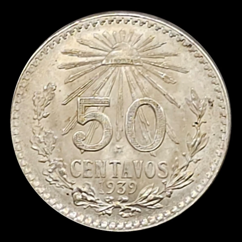 Moneda de 50 centavos de México 1939, plata .720, gorra libertad radiante, escudo de armas Foto 3 de 3