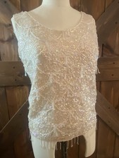 Vintage Beaded Sequin Top Ivory Scallop Fringe Formal Evening Party Blouse