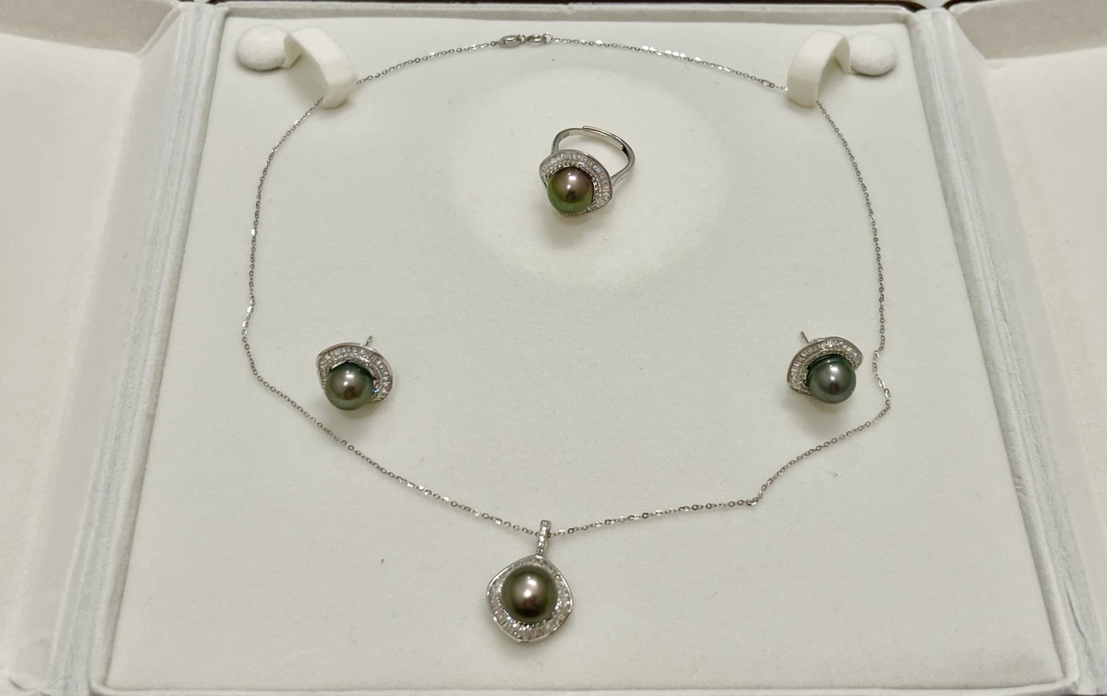 Tahitian Pearl Jewelry Set S925 Silver Necklace Ring Stud Earrings 9-11mm New