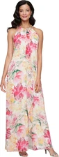SL Fashions Women's Floral Print Beaded Halter Gown Dress Pink Multi  Size 14