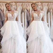 Elegant Wedding Dresses Scoop Neck Lace Appliques A Line Ruffles Bridal Gown