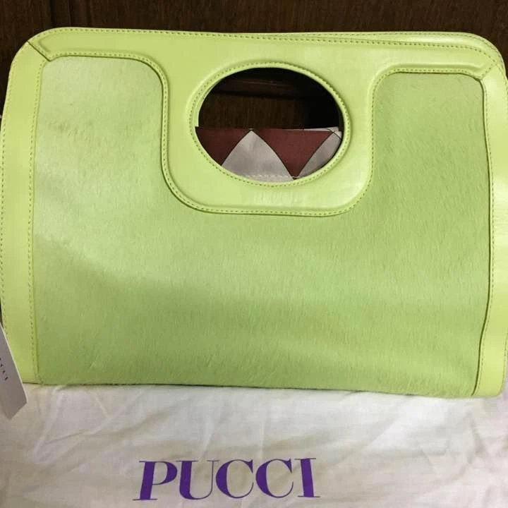 Bolso de Mano EMILIO PUCCI Pelo de Poni Cartera en Amarillo Verde con Bolsa para el Polvo Japón Foto 4 de 4