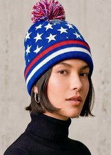 USA Flag Patriotic Stars  Stripes Knit Beanie Hat Pom Pom Red White Blue Cuffed
