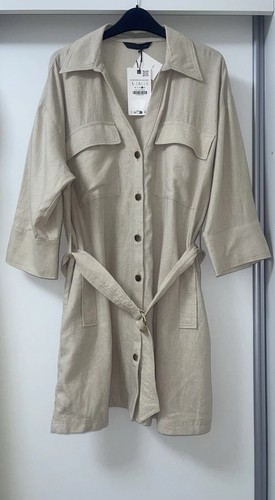 ZARA ABITO MINI CAMICIA CON CINTURA BEIGE COLLETTO CON RISVOLTO MISTO LINO TAGLIA L - Foto 3 di 14
