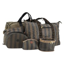 FENDI Pecan Canvas Hand Bag PVC 4 Set Black Brown Auth bs31742