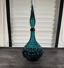 Empoli Italian Art Glass 16.5" Genie Bottle Decanter Stopper Hobnail Teal Blue