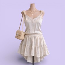 Vintage Deena Cream Lace Cami Top Womens Medium 90s Y2K Bow Nylon Coquette Fairy