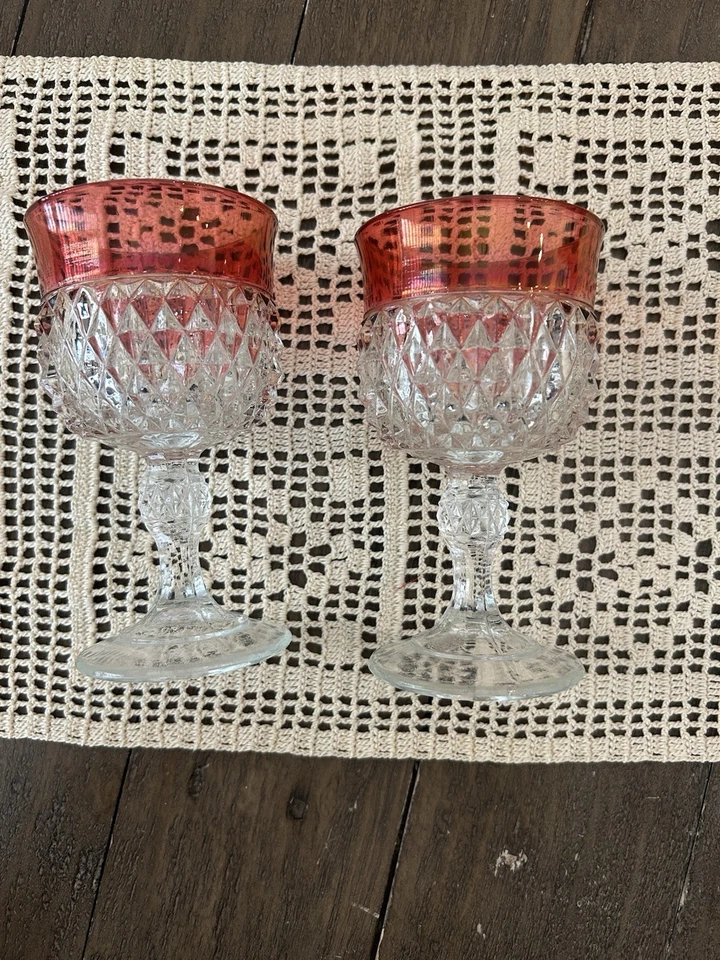 Indiana Glass Diamond Point Ruby Wine Glasses 5.25” Tall Set Of 2 - Image 3 of 4