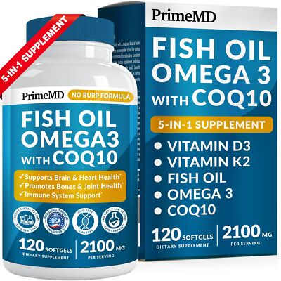 5-in-1 Fish Oil Omega 3 2100mg w/ Vitamins D3 K2 CoQ10 Lemon 120 Softgels