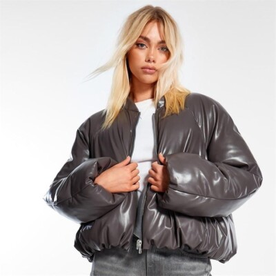 Missguided Faux Leather Puffer Bomber Jacket UK