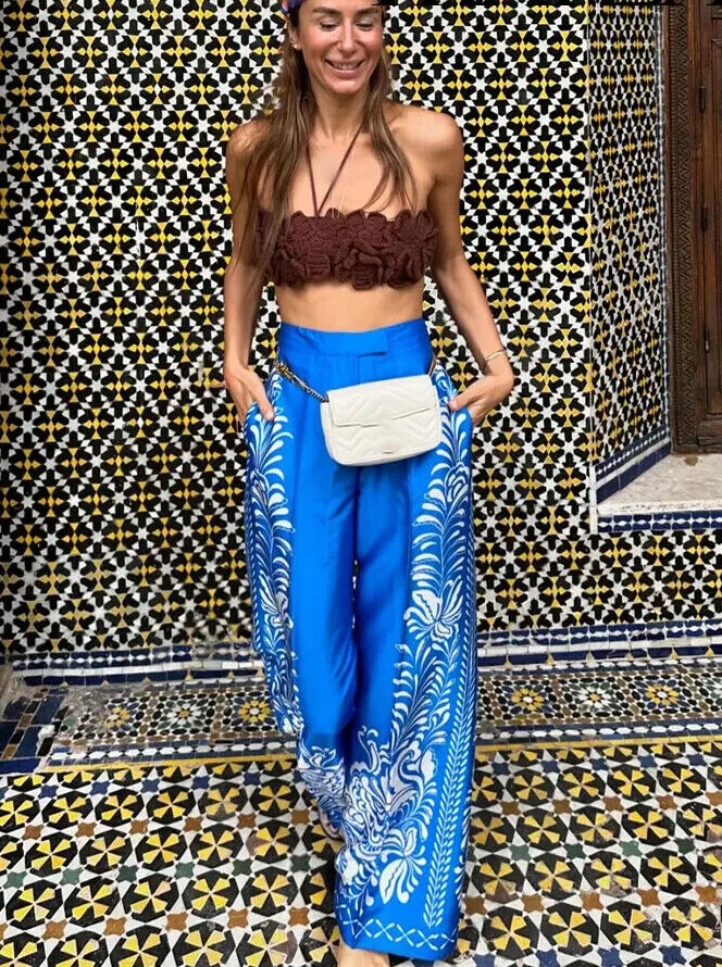 Zara Satin Floral Print High Waist Trousers Blue White Size XS M  display picture 1