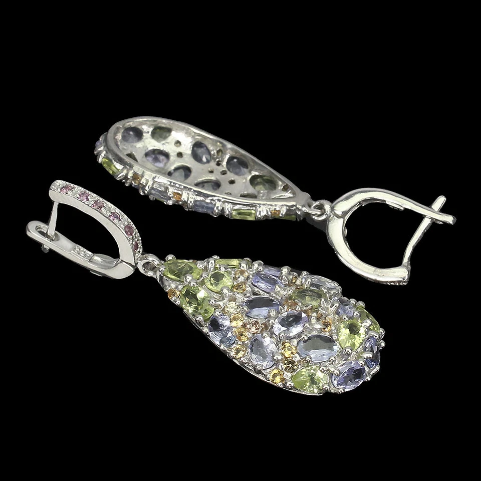 925 Orecchini Argento Sterling Ovale Tanzanite Peridoto Zaffiro Gemma Gioielli - Immagine 3 di 4