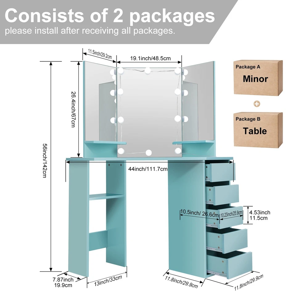 Juego de mesa tocador de maquillaje con espejo iluminado con 5 cajones para dormitorio 44 pulgadas~ Foto 2 de 4