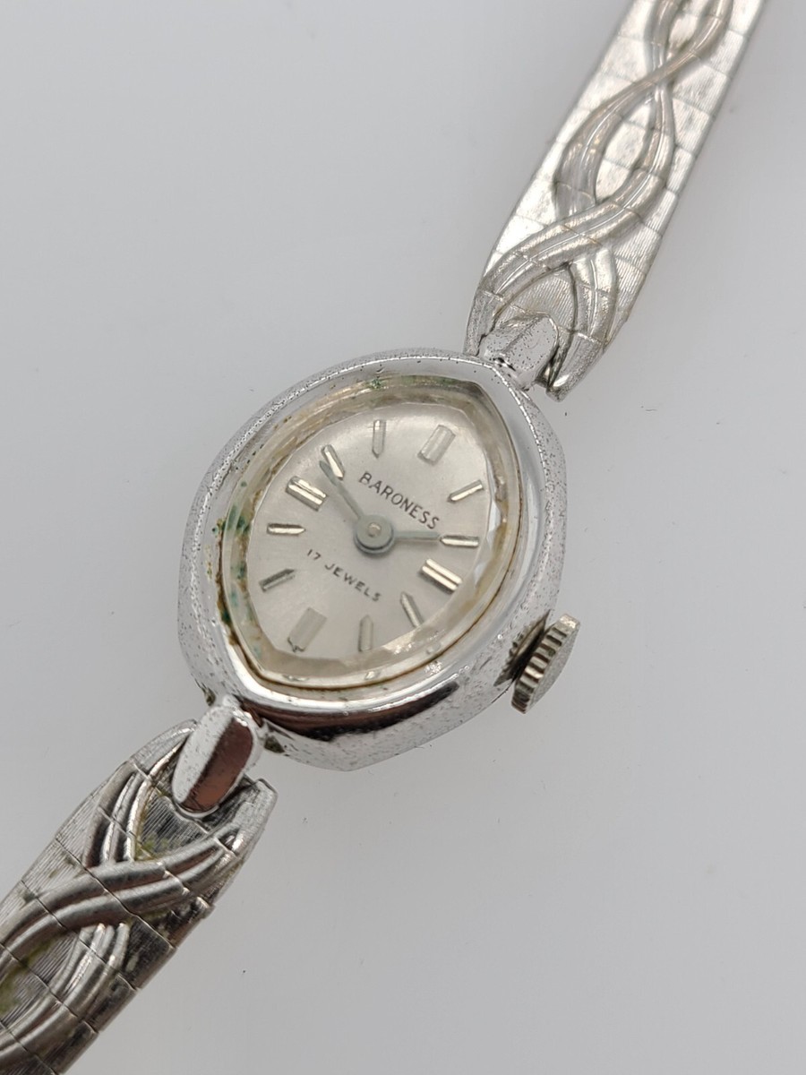 VTG Baroness Hand Wind Watch Lady 17 Jewels Silver Barrel Stretch Band  Cocktail