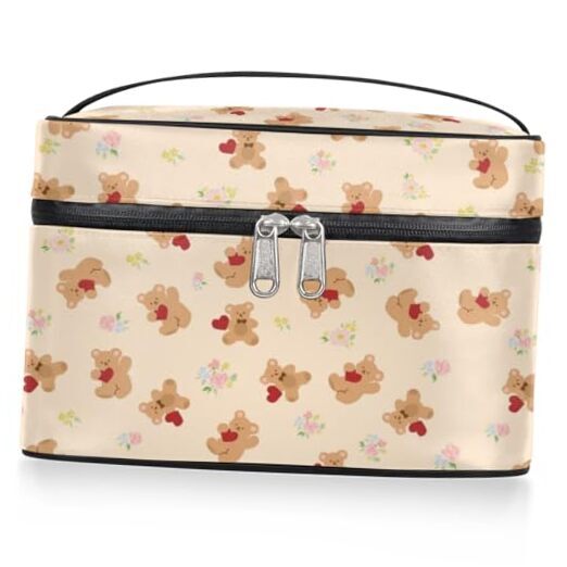 Makeup Bag,Cute Flower Cosmetic Bags for Woman Girls,Portable Large Bear-image