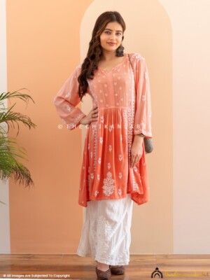 Peach Crepe A-Line Chikankari Peplum Top Lucknow Chikankari