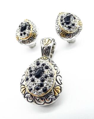 Designer Balinese Filigree 18kt Gold Plated Black Pave Crystals Pendant Earrings