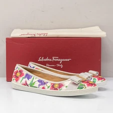 Salvatore Ferragamo Rufina White Quilted Floral Leather Flats Size 6 C