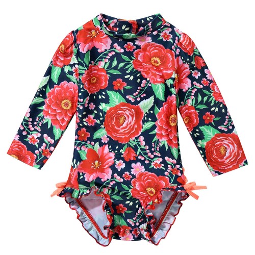 Infant Baby Girls One-piece Long Sleeves Bodysuit Floral Printed Bathing Suit - Picture 29 of 43