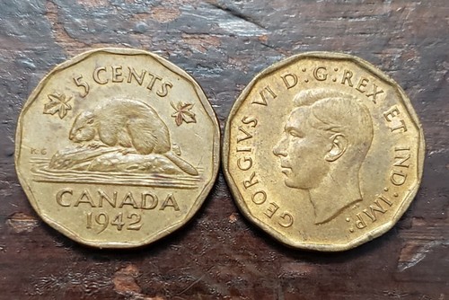 ONE(1) X 1942 TOMBAC CANADA 5 CENTS NICKEL KING GEORGE VI VF/XF WWII ERA 5 Cents