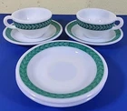 Vtg 6pc Flat Cup & Saucer Set Pyrex Tableware Green Autum Bands Laurel Vine MINT