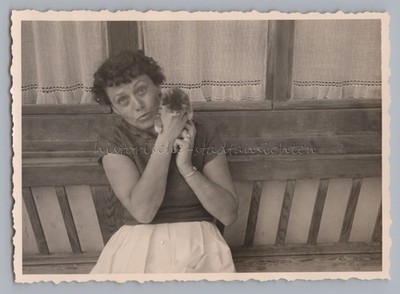 Woman with Small Kitten on Bench in Front of House - Cat - Vintage Photo 1950s
