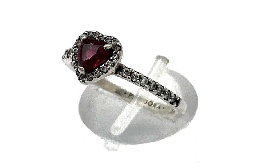 925/- Silber Ring, Pandora, simulierte Diamanten, Herz, rund, Gr. 56 - Bild 2 von 3