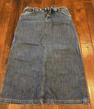 Eddie Bauer SIZE 8 LONG Blue DENIM JEAN SKIRT Modest Back Slit 100 Cotton