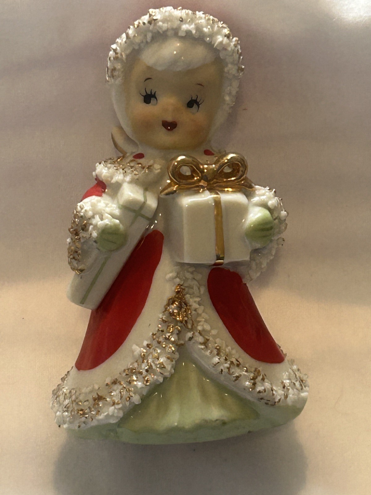 Vintage Lefton Christmas Angel Bell With Spaghetti Trim Holding Presents Gifts 